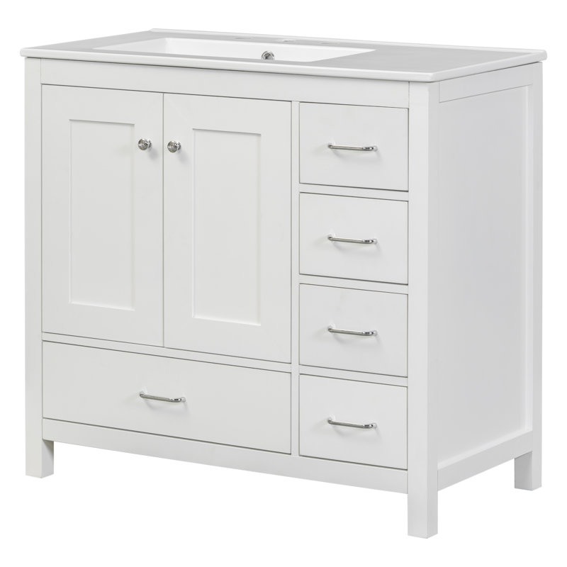 Meuble-lavabo blanc 36 po avec lavabo en céramique, 2 portes à fermeture douce et 5 tiroirs pour un rangement abondant