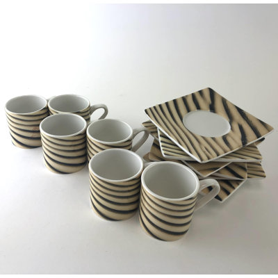 Victoria Bella Tea and Coffee Set of 6 Cups with Square Saucers Made of Bone China with Zebra Decor