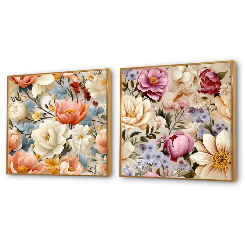 Hallman - Ensemble de 2 collages floraux carrés, Cadre flottant doré, H 30 po x l 61 po