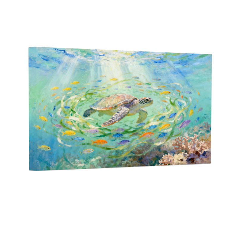Animaux, tortue de mer nageant avec des poissons colorés, H 12 po x l 18 po