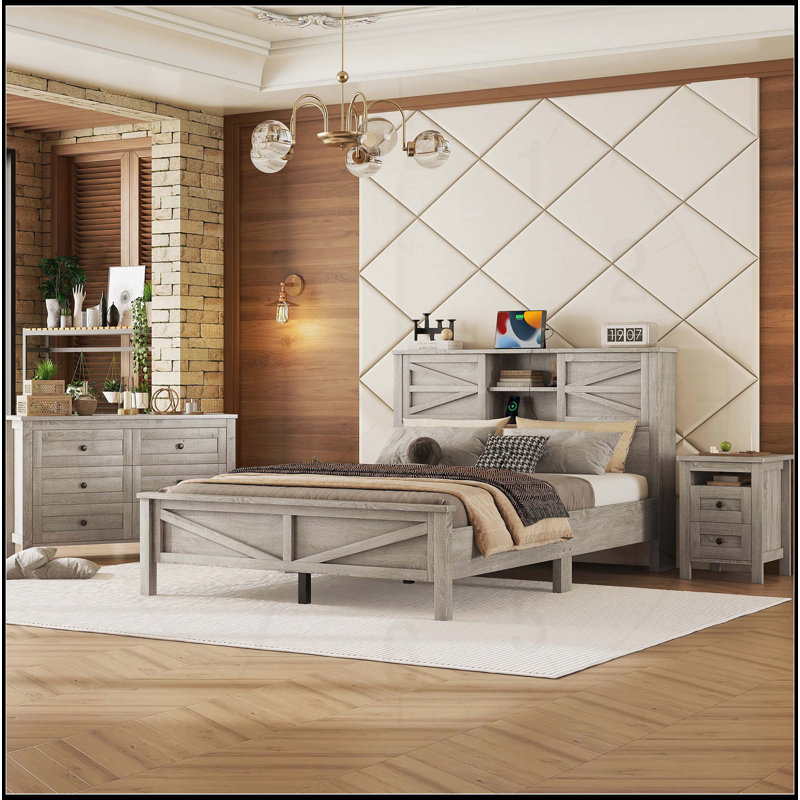 Ensemble de chambre à coucher 3 pièces avec tête de lit, table de chevet et commode , Grand, Gris antique
