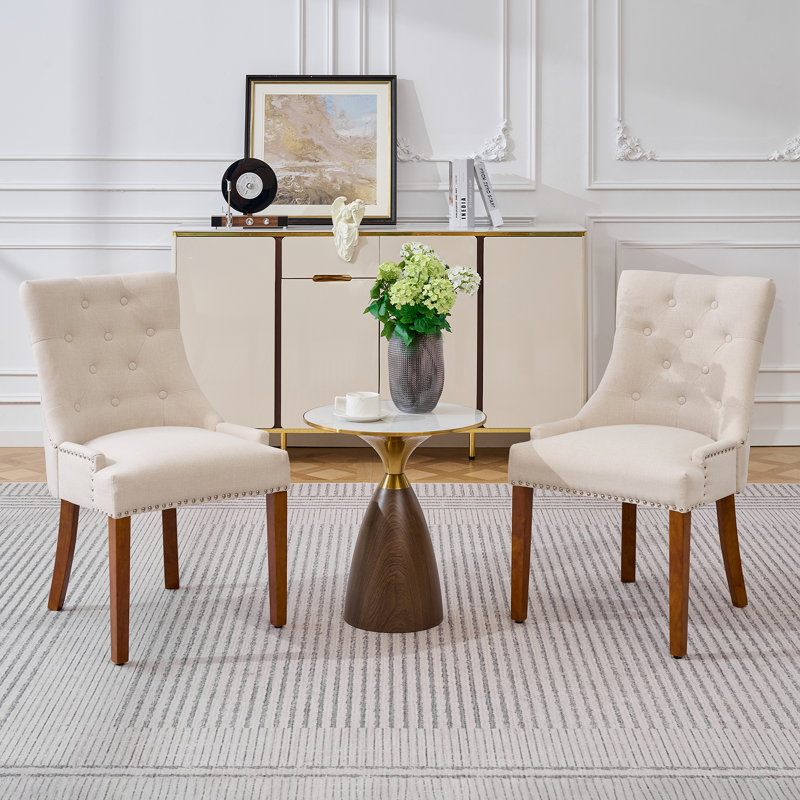 Linen Upholstered Tufted Dining Chairs with Solid Wood Legs Set of 2, Dark Brown Wood, Beige