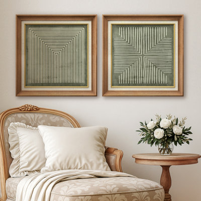 Geometric Abstract Line Minimalist - Framed Canvas Master Bedroom Wall Art Work 2 Pieces Print