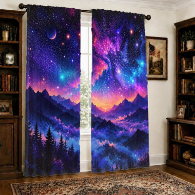 2Pcs Galaxy Starry Night Curtains, Cosmic Sky Nebula Print Light Filtering Fabric, Mountain Landscape Window Drapes for Living Room Bedroom Balcony Home Decor