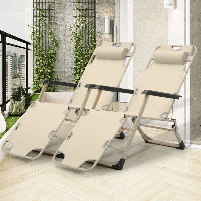 Outdoor Folding Lounge Chairs Recliner, Foldable Reclining Chair with Adjustable Backrest & Footrest, Cream
