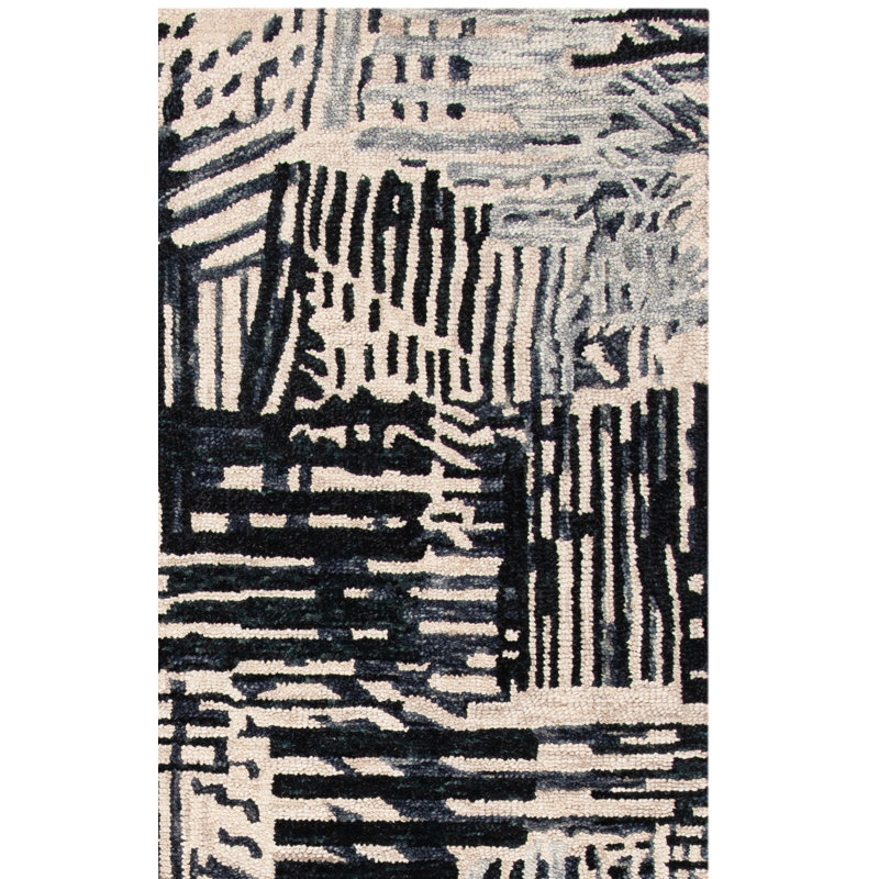 Tapis abstrait en laine / coton touffeté à la main en noir / noir Nouran Drive, Rectangle 8 pi x 10 pi