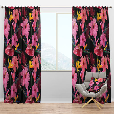 Motif de fleurs roses tropicales - Rideau en velours traditionnel - obscurcissant - 1 panneau