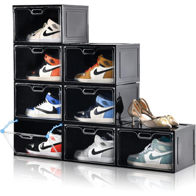 Clear Plastic Stackable Shoe Boxes With Lids, Large Shoe Storage Organizer, Drop Side Design For Entryway, Closet, And Bedroom, Fits Up To US Size 13