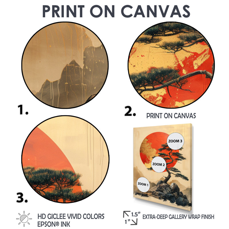 Décoration de coucher de soleil Bonsai doré orange - Japon I, Cadre flottant noir, H 16 po x l 32 po