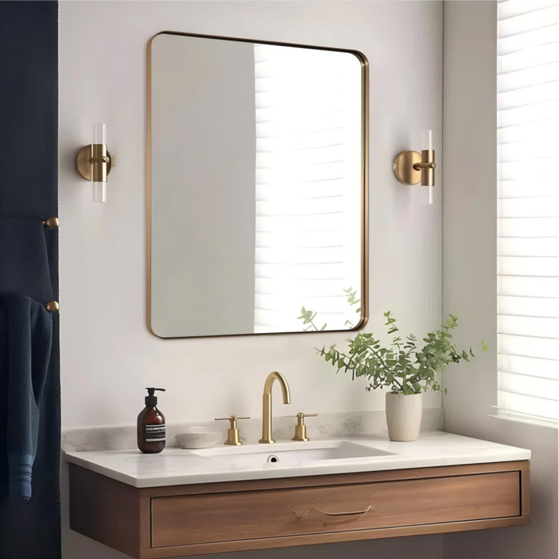 Inse Modern Rounded Rectangle Bathroom Vanity Mirror | Stainless Steel Frame, Brushed Gold, 40" x 36"