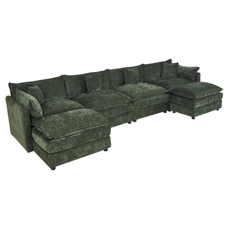 Modern Chenille Loveseat Sofa Couch With Ottoman, 33.85" H x 147.22" W x 35.82" D, Green Chenille