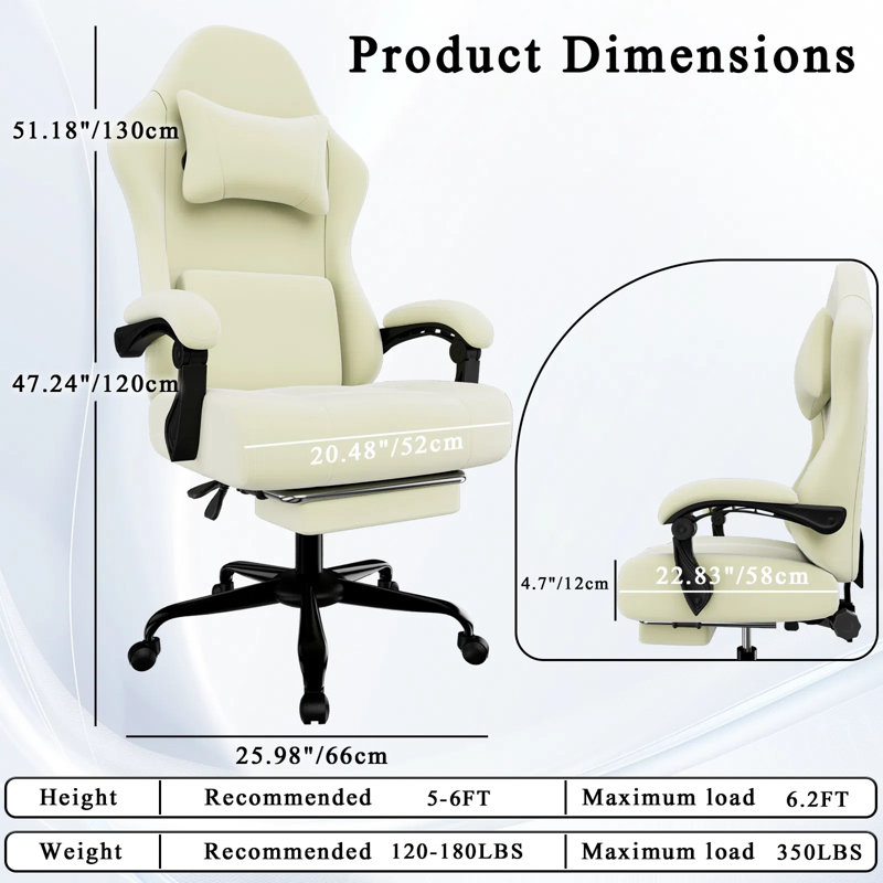 Ergonomic Gaming Chair With Massage Lumbar Support & Footrest, Fabric Computer Chair With Pocket Spring Seat, 90°-155° Recline, 350 Lbs Capacity