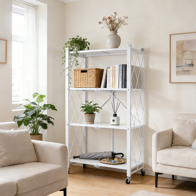 4-Tier Foldable Metal Shelving Unit with Wheels