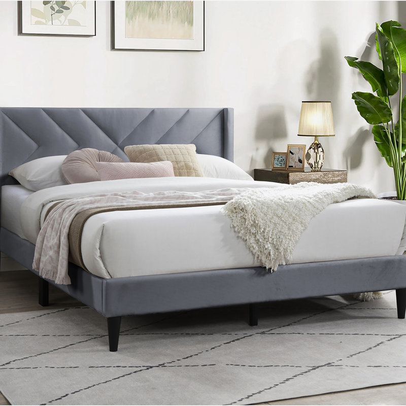 Linen Bed with Tufted Headboard, Gris clair, Grand lit