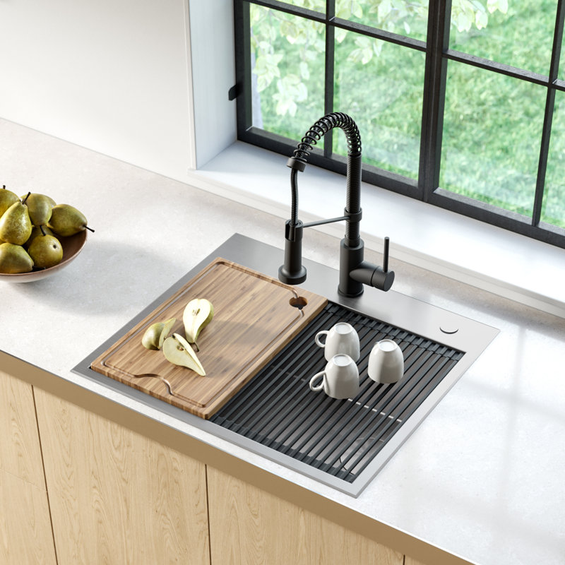 KRAUS Kore™ Workstation 25-inch L Drop-In 16 Gauge Single Bowl Stainless Steel Kitchen Sink with Accessories
