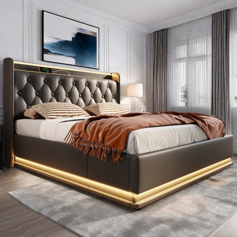 Upholstered Bed With Hydraulic Storage, Usb & Type-c Charging And 360° Surround Led, King