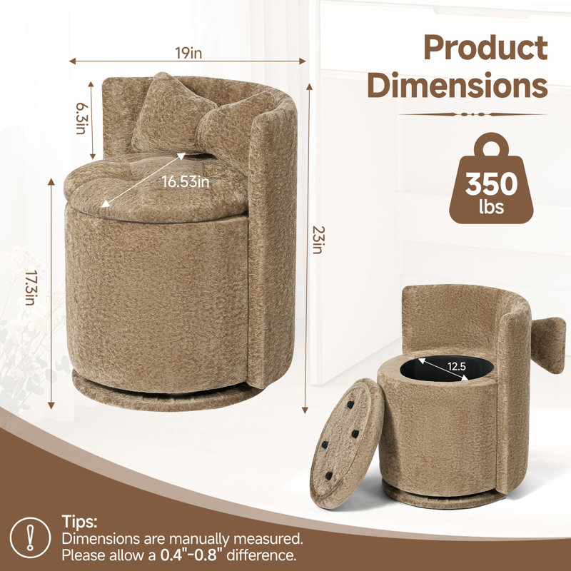 Tabouret de coiffeuse en velours avec dossier et coussin confortable, fauteuil de maquillage pivotant à 360 ° avec rangement caché pour la chambre à coucher, la commode, le salon, le kaki
