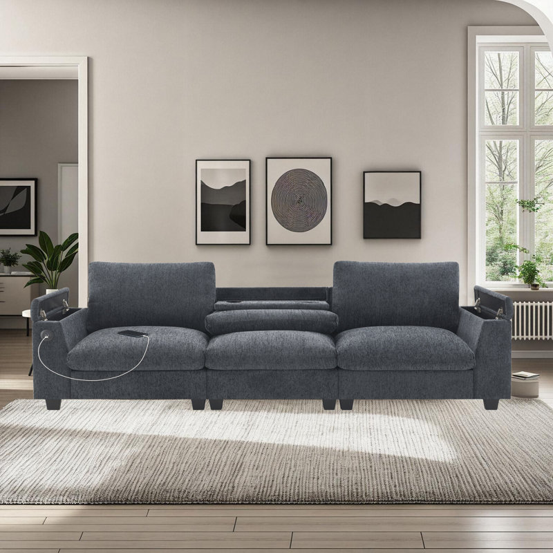 3 Seater Sofa With Usb Charger,Bluetooth Speaker And Storage Armrest, Grey Chenille