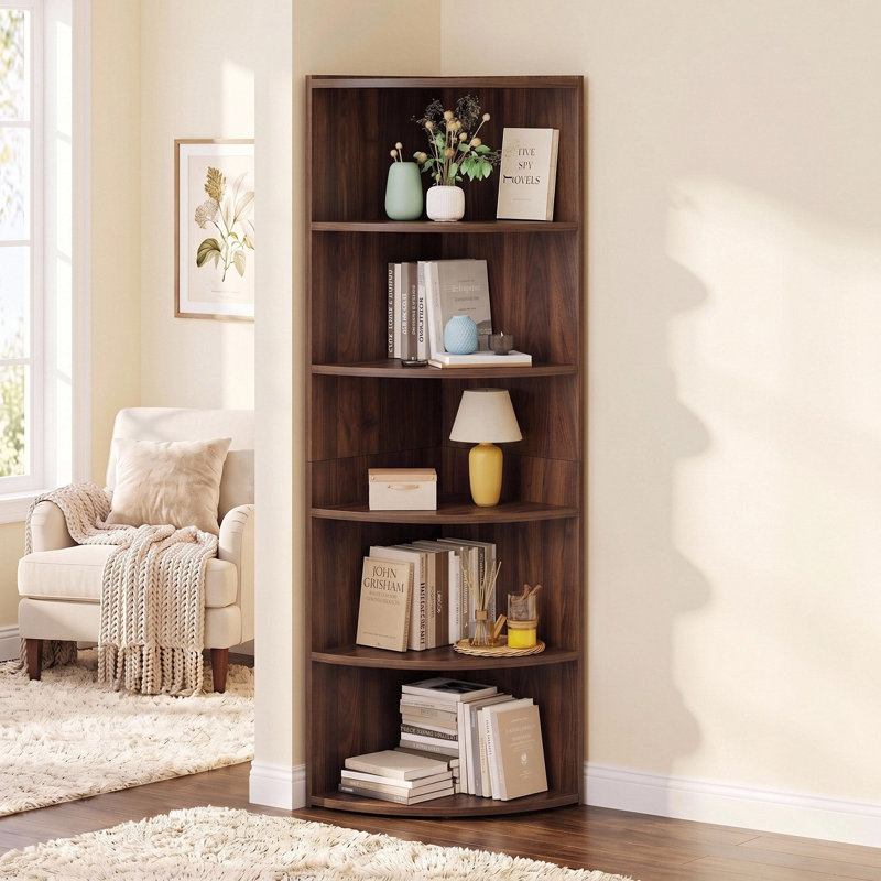 Finkel 66.9" H x 17.2" W Fan-Shaped 6-Tier Corner Bookcase, Wooden Opening Bookshelf, Walnut