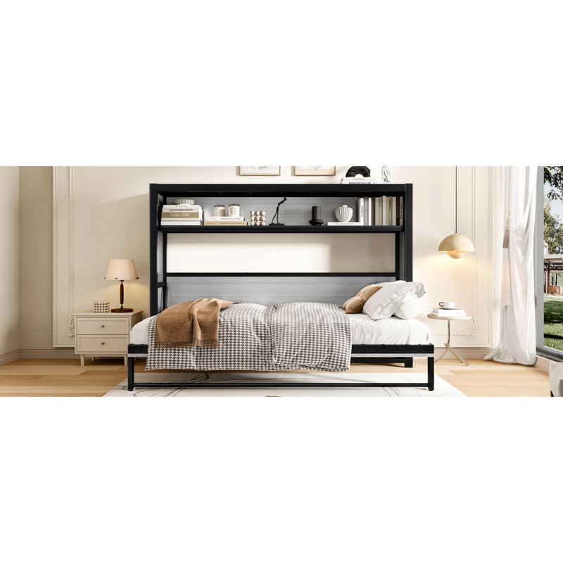 Lit simple mural en métal gris avec tablettes, pliable et réducteur de bruit, idéal pour les espaces invités, fonctionnement silencieux, peu encombrant, installation rapide