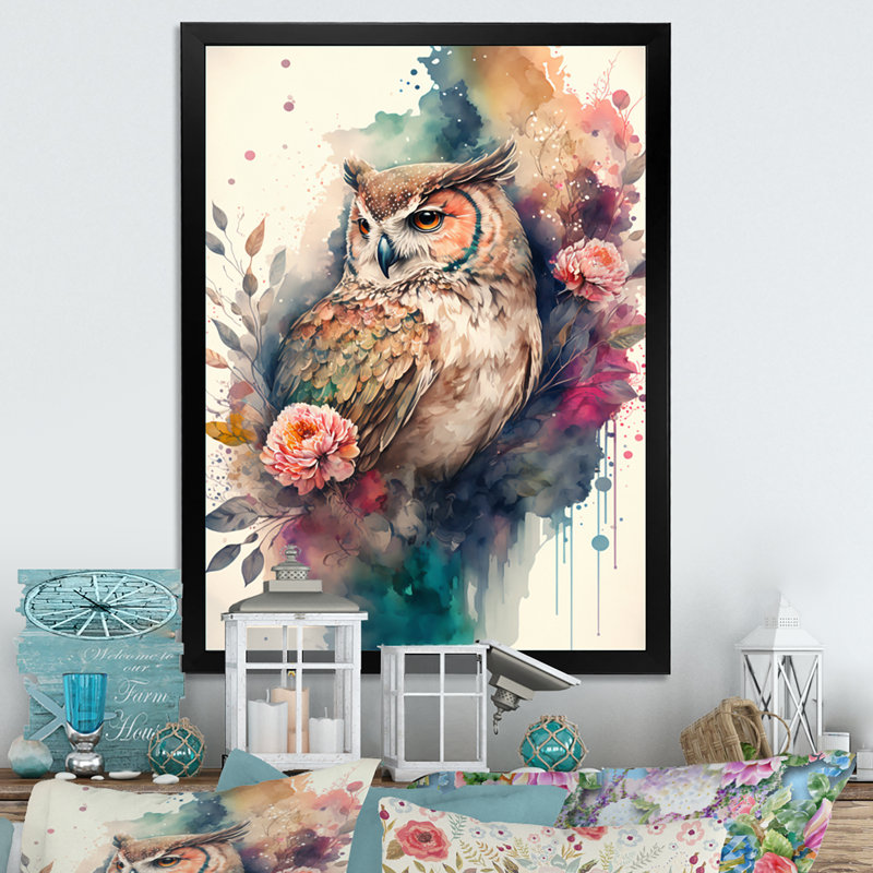«Cute Owls Floral II», impression sur toile, H 40 po x l 30 po x P 1,5 po, Cadre photo noir