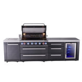 Mont Alpi Mai805-bssfcdr 6-burner 119" Premium Black Stainless Steel Outdoor Kitchen Island Bbq Gas Grill With Infrared Side Burner + Refrigerator + Storage Drawers & Cabinets + Rotisserie Kit + Cover