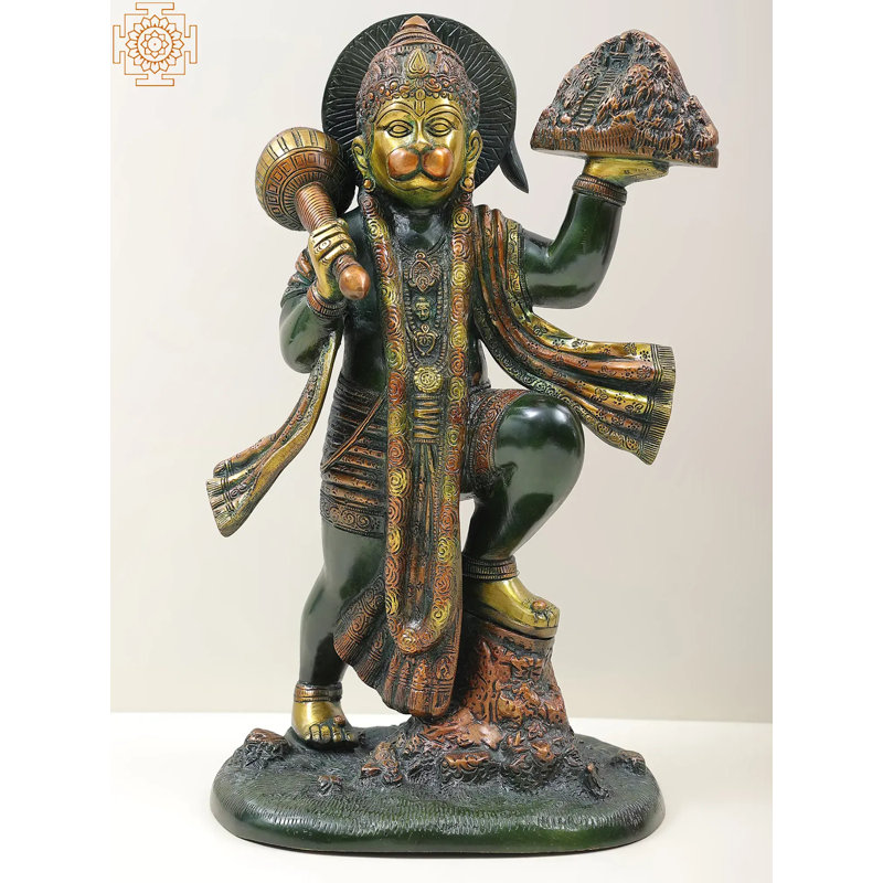 Handmade 15-Inch Brass Hanuman with Sanjeevani Mountain | Indian Spiritual Sculpture for Home Altar