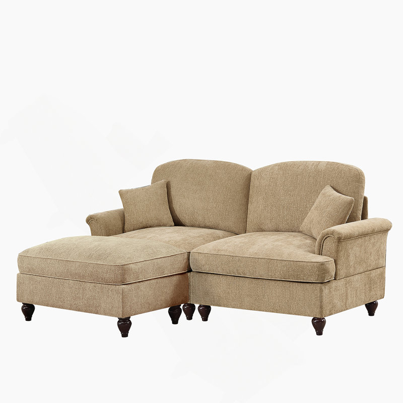 Élégant canapé Mid-Century modulaire à deux places en forme de L avec accoudoirs évasés et volants amovibles, avec jupes plissées et pieds fuselés, canapé-lit en chenille confortable avec repose-pieds mobile, café clair
