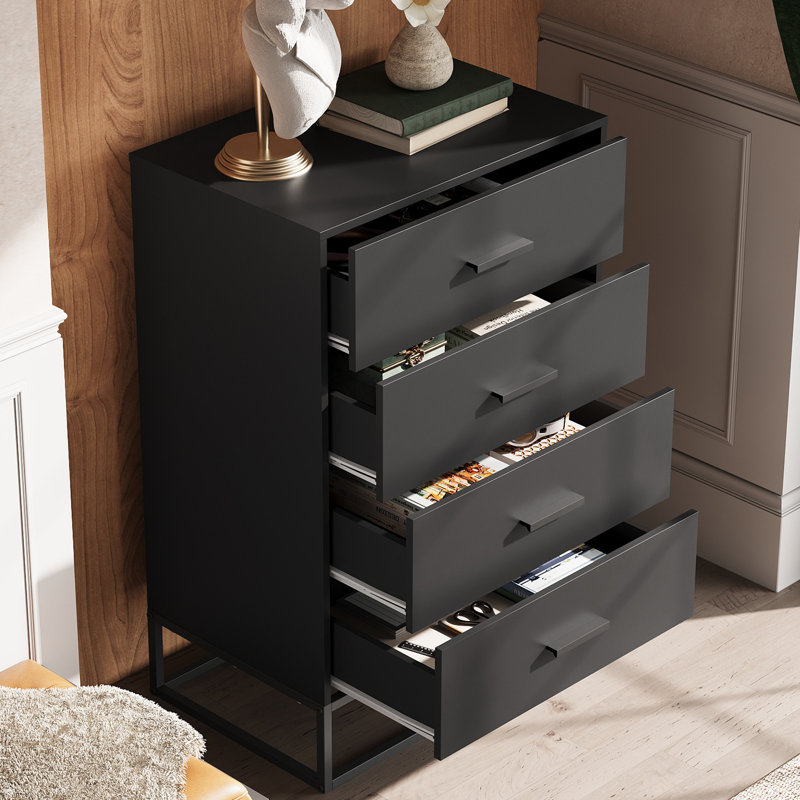 Commode à 4 tiroirs en bois pour chambre Ioannes, commode noire avec structure en métal robuste, commode moderne pour placard, vestibule, couloir