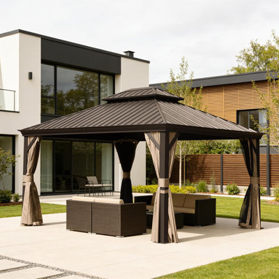 11X13ft Outdoor Gazebo, Hardtop Gazebo With Galvanized Steel Double Roof, Metal Gazebos With Drainage System Patio Pergola For Patio Deck Backyard,Curtain And Netting