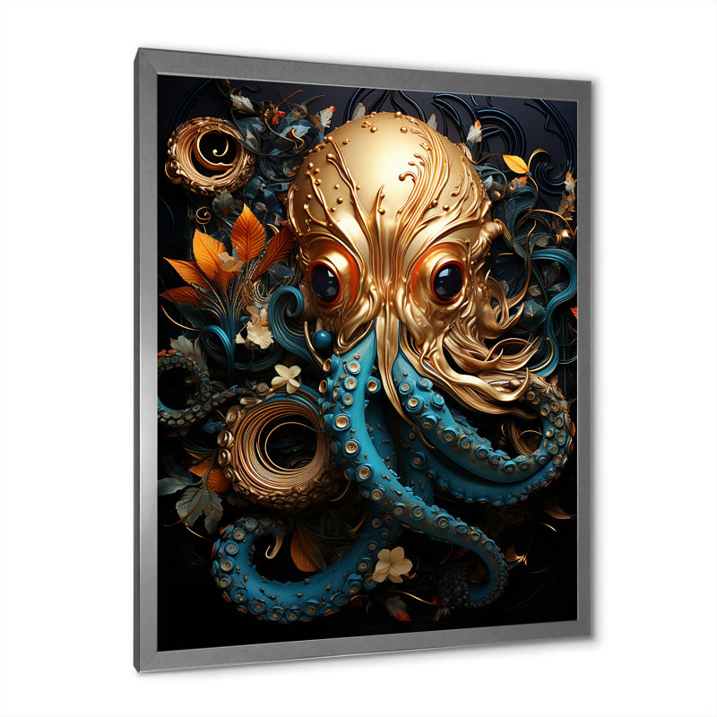Pieuvre dorée sous l'eau sur toile, Cadre simple argenté, H 32 po x l 24 po x P 1 po