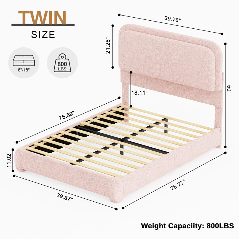LED Teddy Fleece Platform Bed Frame with Round Corner Upholstered Headboard, Pink, Twin