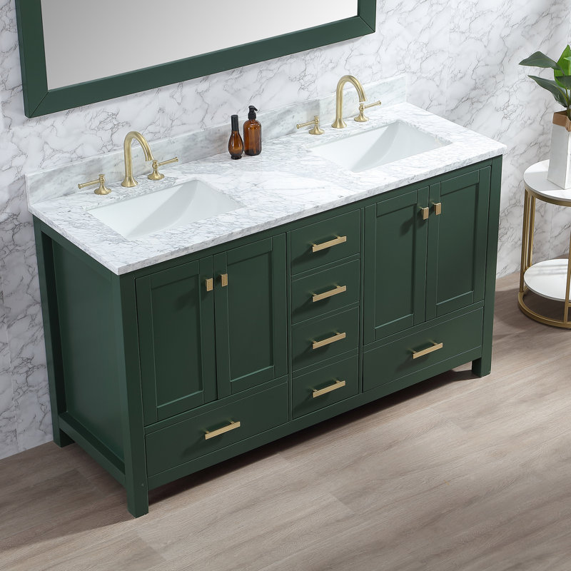 Whitney 60 " W Freestanding Standard Free Standing 2 Double Vanity Bathroom Vanity With Carrara Marble Top, Green, Gold