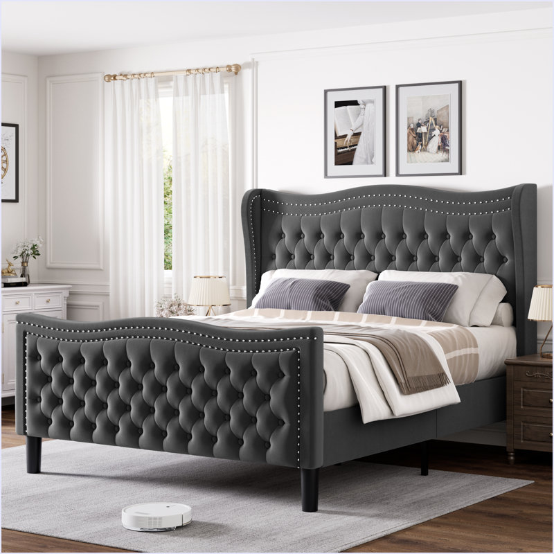 Lit double en velours gris