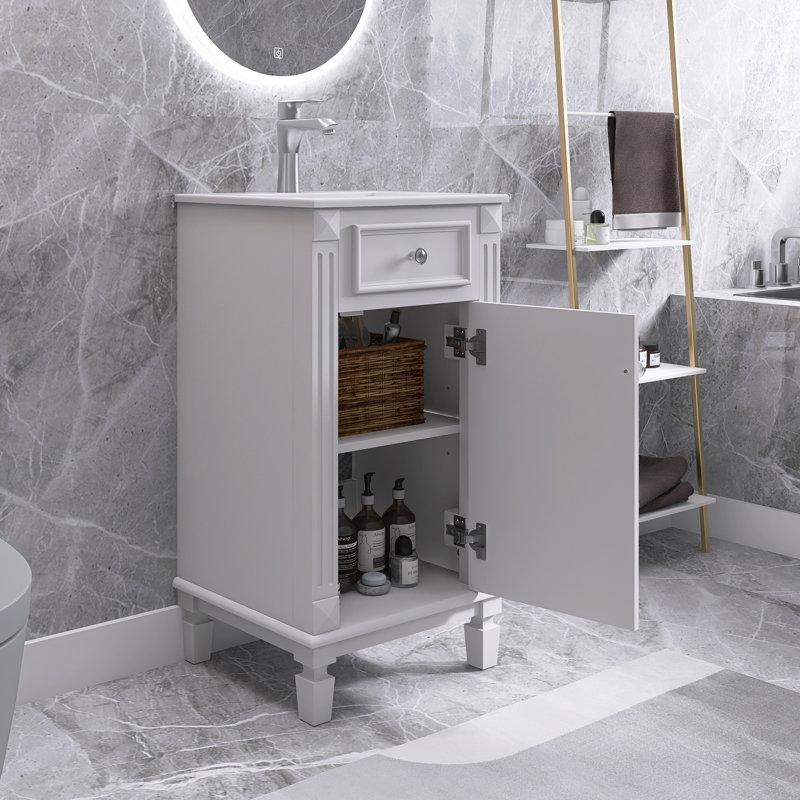Meuble-lavabo simple blanc autoportant de 18 pouces avec lavabo en céramique, avec porte à fermeture douce, tablette réglable