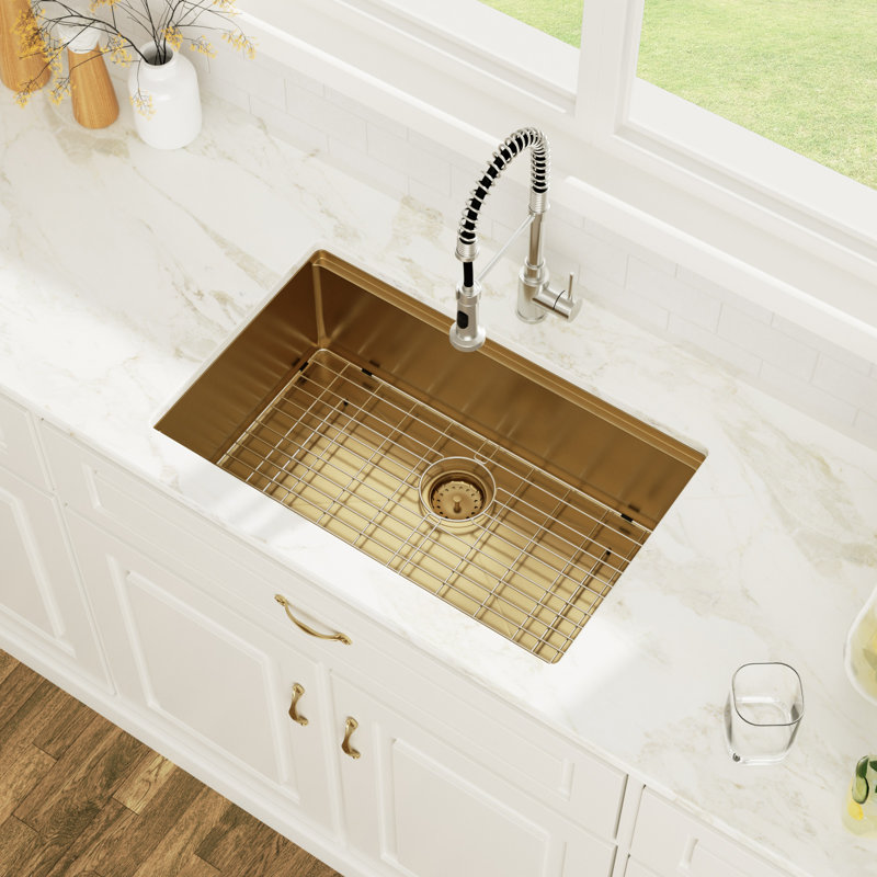 30"L x 19"W Undermount Workstation Kitchen Sink Gold 16 Gauge Stainless Steel Single Bowl Kitchen Sink with Basket Strainer and Stainless Steel Grid