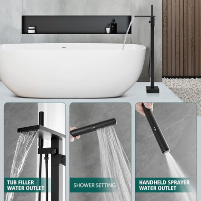 Robinet de baignoire sur pied Mosson noir mat, à poignée unique, avec douchette à deux fonctions et flexible de 150 cm.