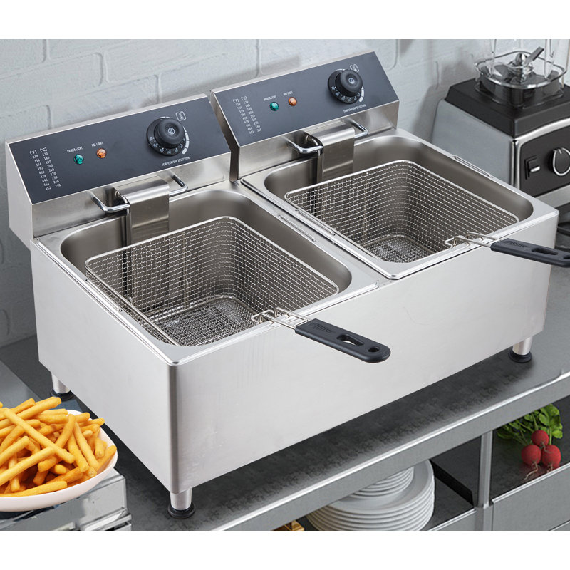 Friteuse électrique 23,2 pte avec panier et couvercle, friteuse à huile de comptoir en acier inoxydable 11 + 11 L avec contrôle de température, friteuse à réservoir unique pour la cuisine et le restaurant