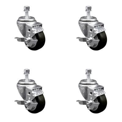 3.5 Inch SS Black Polyurethane Swivel ½ Inch Threaded Stem Caster Set Brake SCC