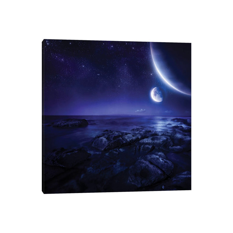 Nearby Planets Hover over the Ocean on This World at Night by Evgeny Kuklev - Wrapped Canvas Photograph