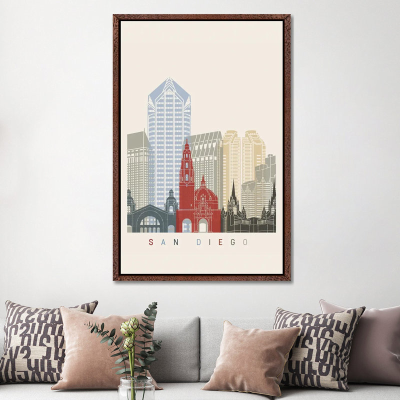 San Diego Skyline Poster 1 Piece Wall Art on Canvas, 152.5 cm H x 101.5 cm W, Classic Wood Framed