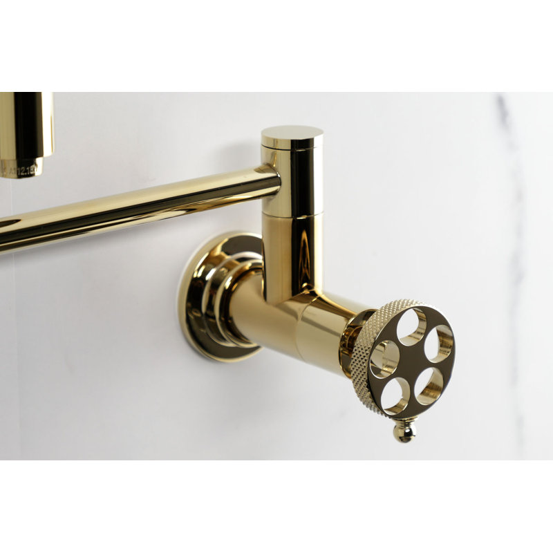 Kingston Brass Webb Two-Handle 1-Hole Wall Mount Pot Filler Faucet with Knurled Handle, Polished Brass