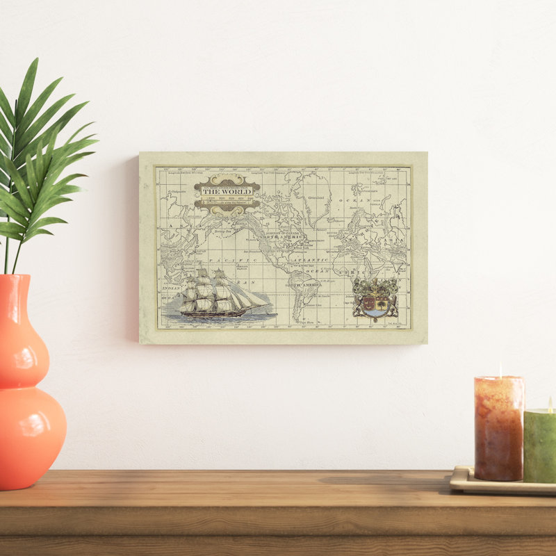 Carte antique du monde, H 12 po x l 18 po x P 1,25 po