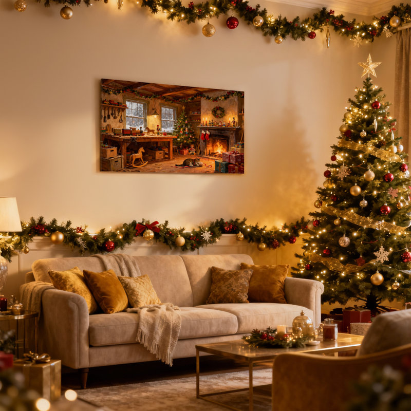 Scène de Noël atelier de Noël avec foyer et arbre, ensemble de 3 impressions sur toile, H 12 po x l 18 po