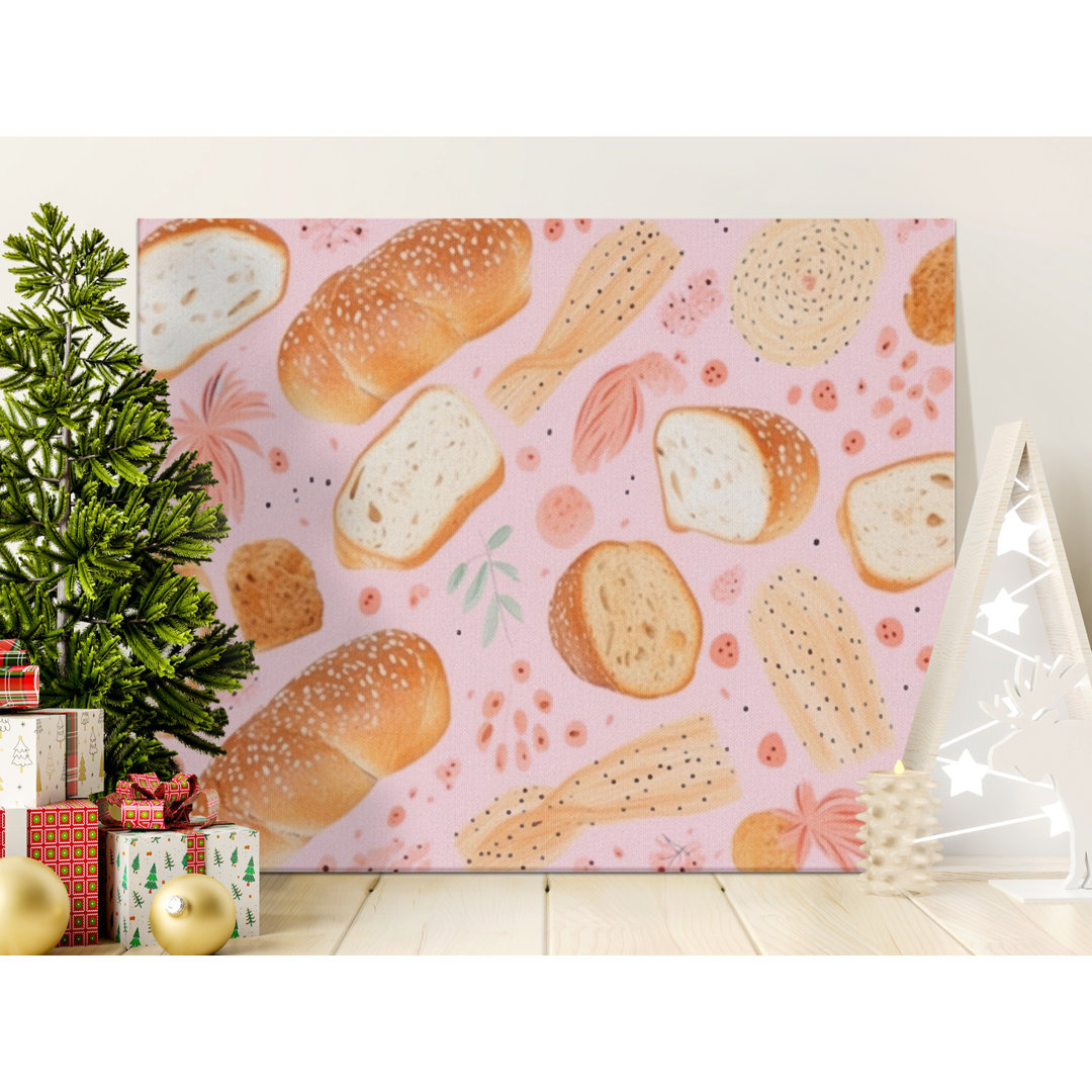 Cozy Bakery Bread Art Canvas, Whimsical Pink Kitchen Wall Decor, Foodie Gift for Modern Farmhouse Style