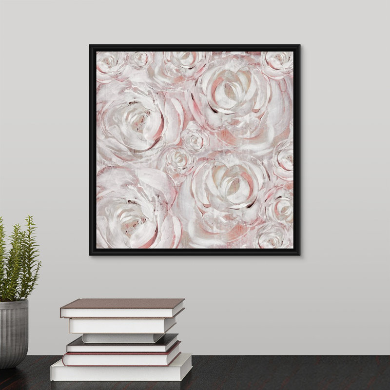 « rosé double iii », peinture sur toile, H 13,7 po x l 13,7 po, Reproduction avec cadre flottant, Noir