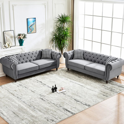 Gray 3+3 Seater Velvet With Rolled Arms, Mid Century Design For Living Room, Hardwood Frame, Supportive Cushion Roll Armrest, European - Style Couch Primary Space, Stable Construction, Spring Packs