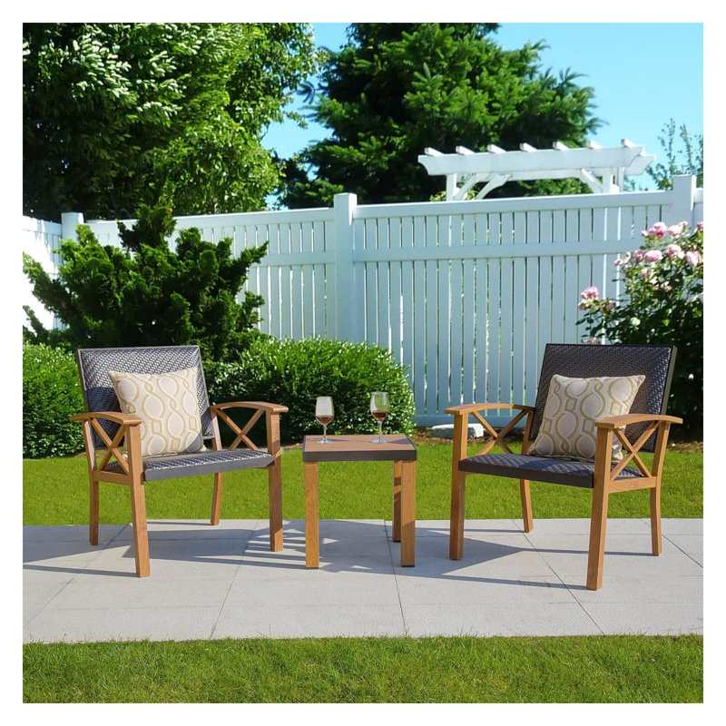 Ensemble bistro 3 pièces avec chaises en osier et grain de bois en aluminium et table basse - Ensemble de conversation extérieur toutes saisons avec coussins beiges imperméables