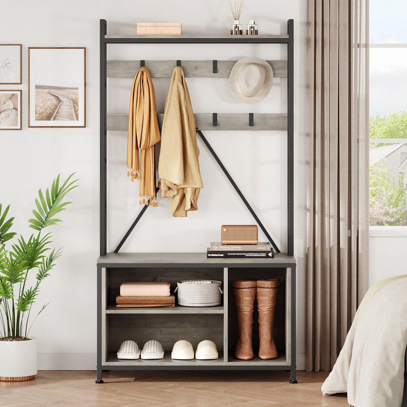 Hall Tree with Bench and Coat Rack in Grey - 36.41" Entryway Shoe Bench with Removable Hooks and Top Shelf, 5-in-1 Freestanding Storage for Entry Area or Mudroom (36.41"L x 13.77"W x 69.88"H)