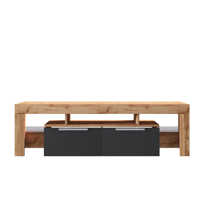 Antani Unfinished TV Stand for TVs up to 75", Lancaster Oak/Black Glass
